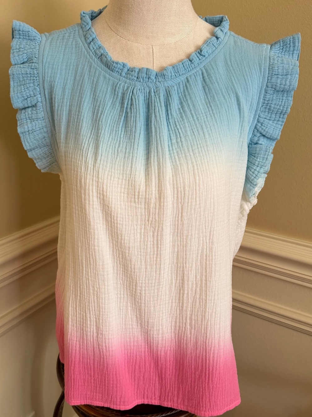 Karlie Cotton Gauze Light Blue to Pink Ombre Ruffle Sleeve Women's Top